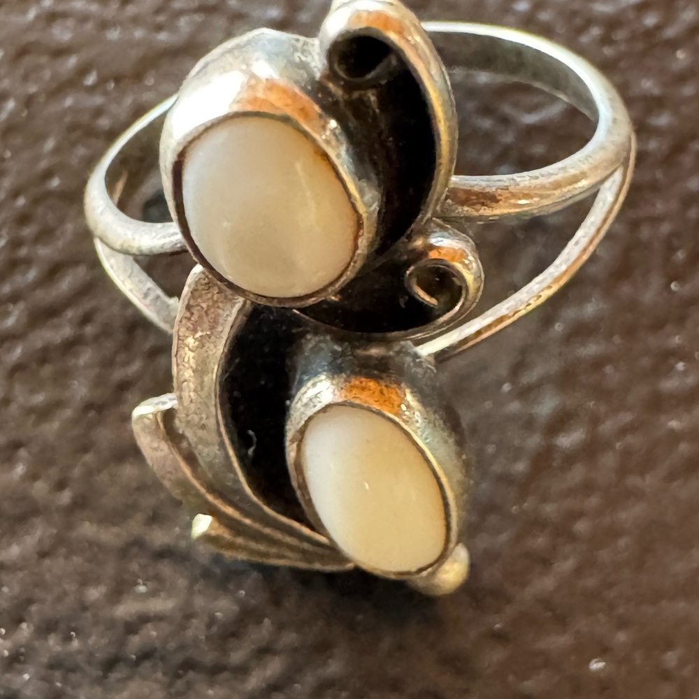 Sterling Silver Cream Stone Double Teardrop Ring